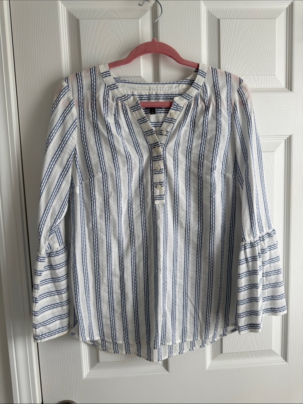 Talbots White and Blue Striped Button-Front Bell Sleeve Blouse